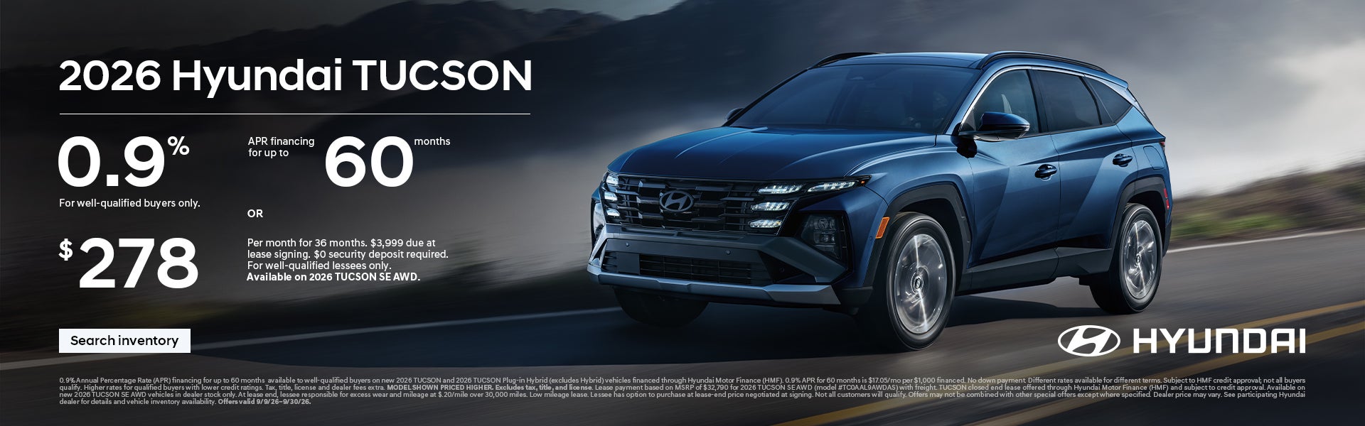 0.9% APR for 60 mos. or $278/36/$3,999 Lease